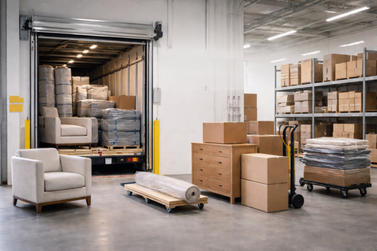 Furniture and boxes staged in a warehouse receiving dock, ready for storage and white-glove delivery